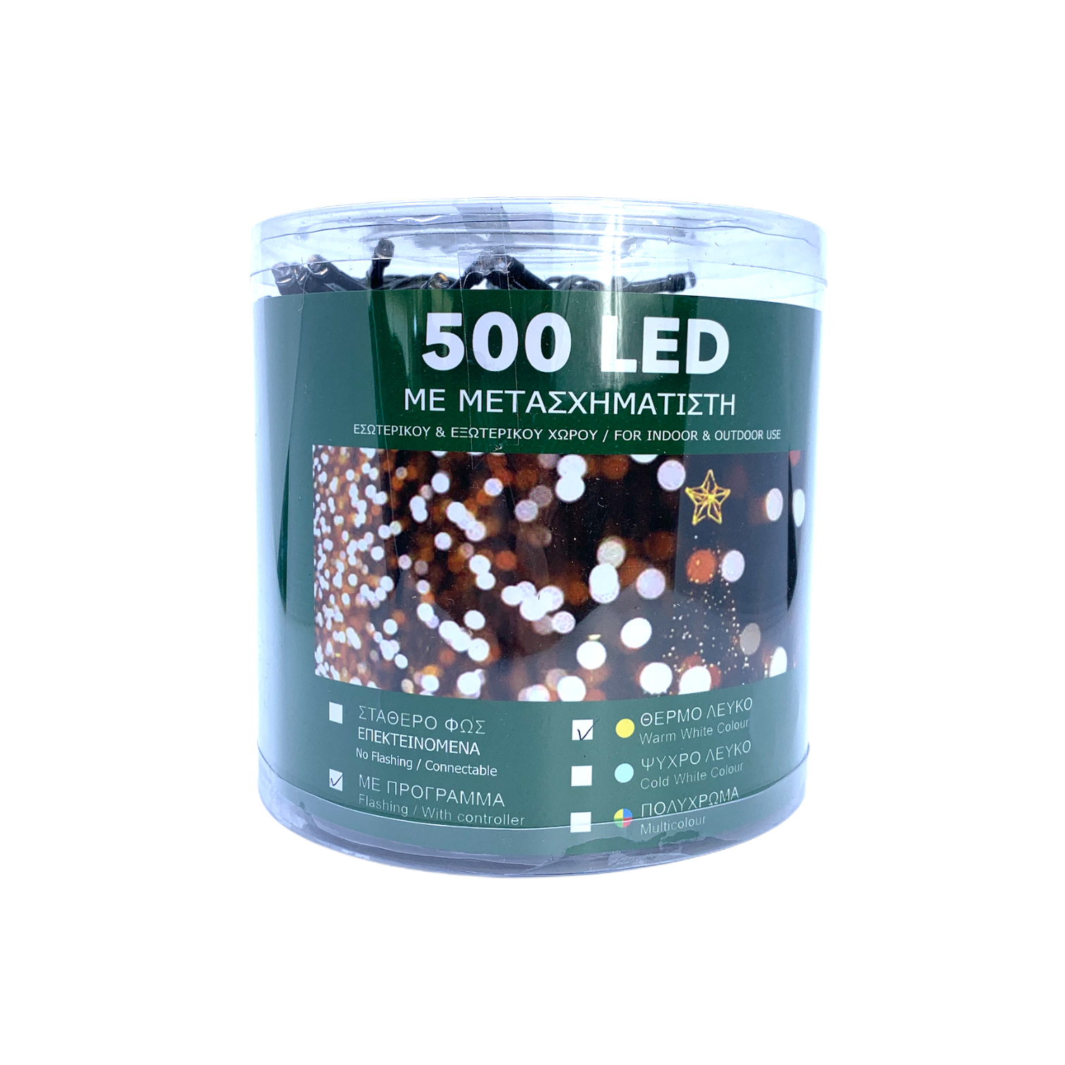 500 Λαμπάκια Led Σταθερά Λευκό Θερμό Μετασχηματιστή 32m Πράσινο Καλώδιο