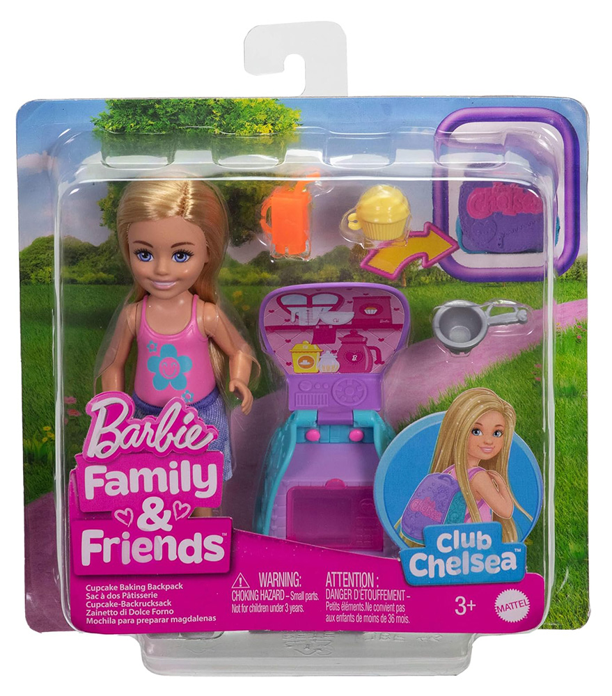 Barbie Club Chelsea Family & Friends Κούκλα Chelsea και Σακίδιο Cupcake (JBF46)