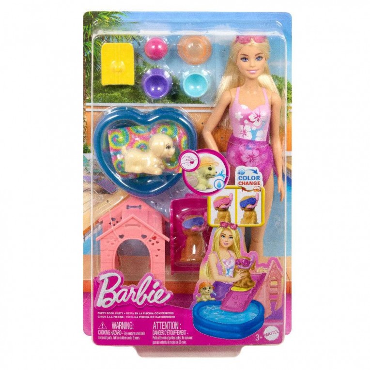Barbie Πάρτι στην Πισίνα με Κουταβάκια και Κούκλα (JBF35)