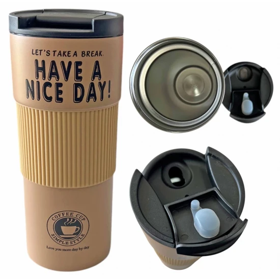 Ποτήρι Θερμός 500ml Inox Καφέ Με Διπλό Τοίχωμα Και Προστατευτικό Σιλικόνης (TnS 03-950-4062)