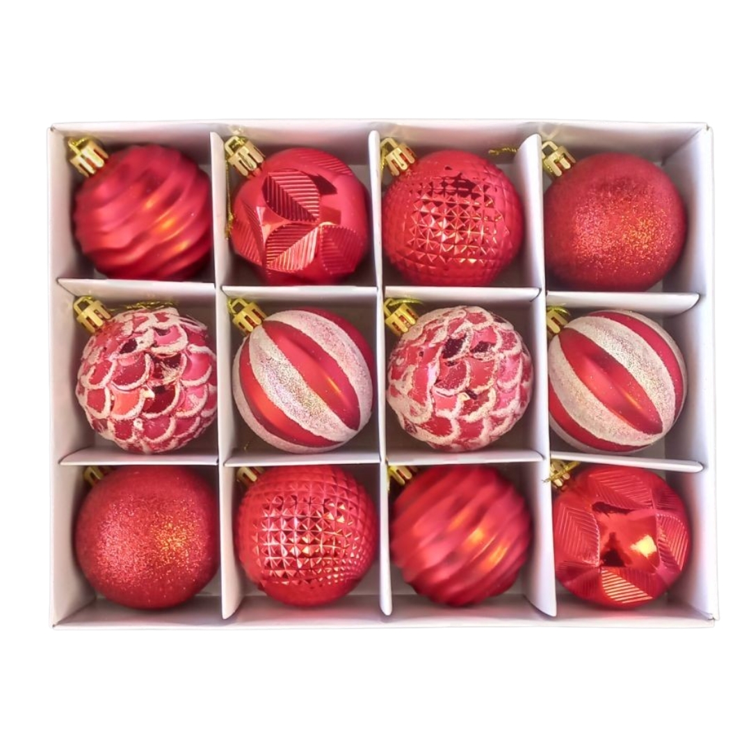 Χριστουγεννιάτικες Μπάλες Σετ Κόκκινες Γυαλιστέρες Glitter Σχέδια 6cm 12τμχ