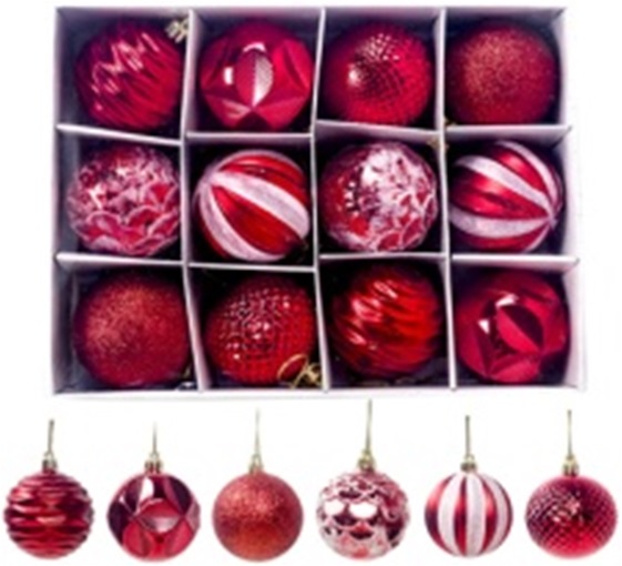 Χριστουγεννιάτικες Μπάλες Σετ Κόκκινες Γυαλιστερές Glitter Σχέδια 6cm 12τμχ