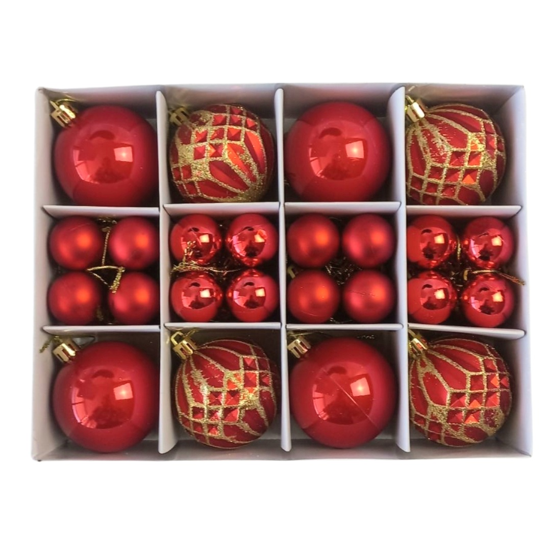 Χριστουγεννιάτικες Μπάλες Σετ Κόκκινες Ματ Γυαλιστερές Glitter Σχέδια 3-6cm 40τμχ