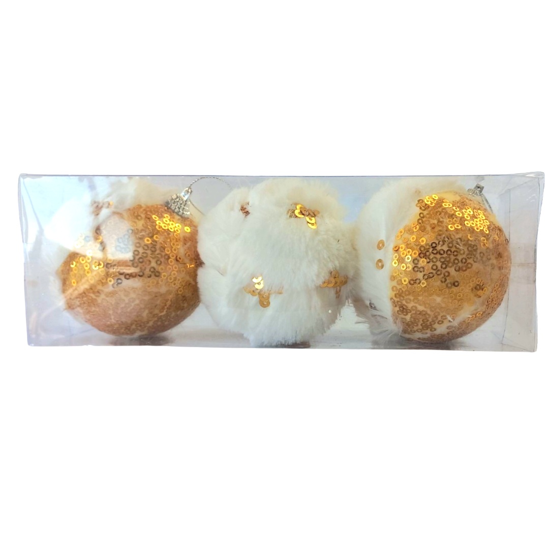 Χριστουγεννιάτικες Μπάλες Σετ Λευκή Γούνα Χρυσές Πούλιες 8cm 3τμχ