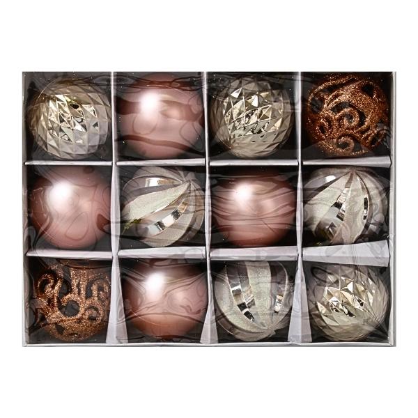 Χριστουγεννιάτικες Μπάλες Σετ Rose Gold-Ασημί Γυαλιστερές Διάτρητες Σχέδια 6cm 12τμχ