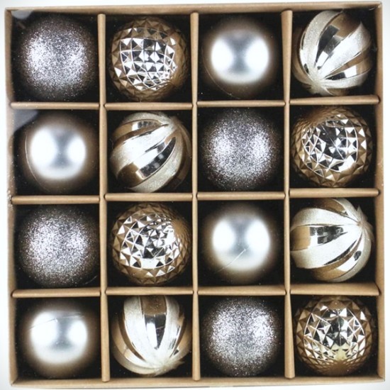 Χριστουγεννιάτικες Μπάλες Σετ Γκρι Ασημί Ματ Γυαλιστερές Σχέδια 6cm 16τμχ