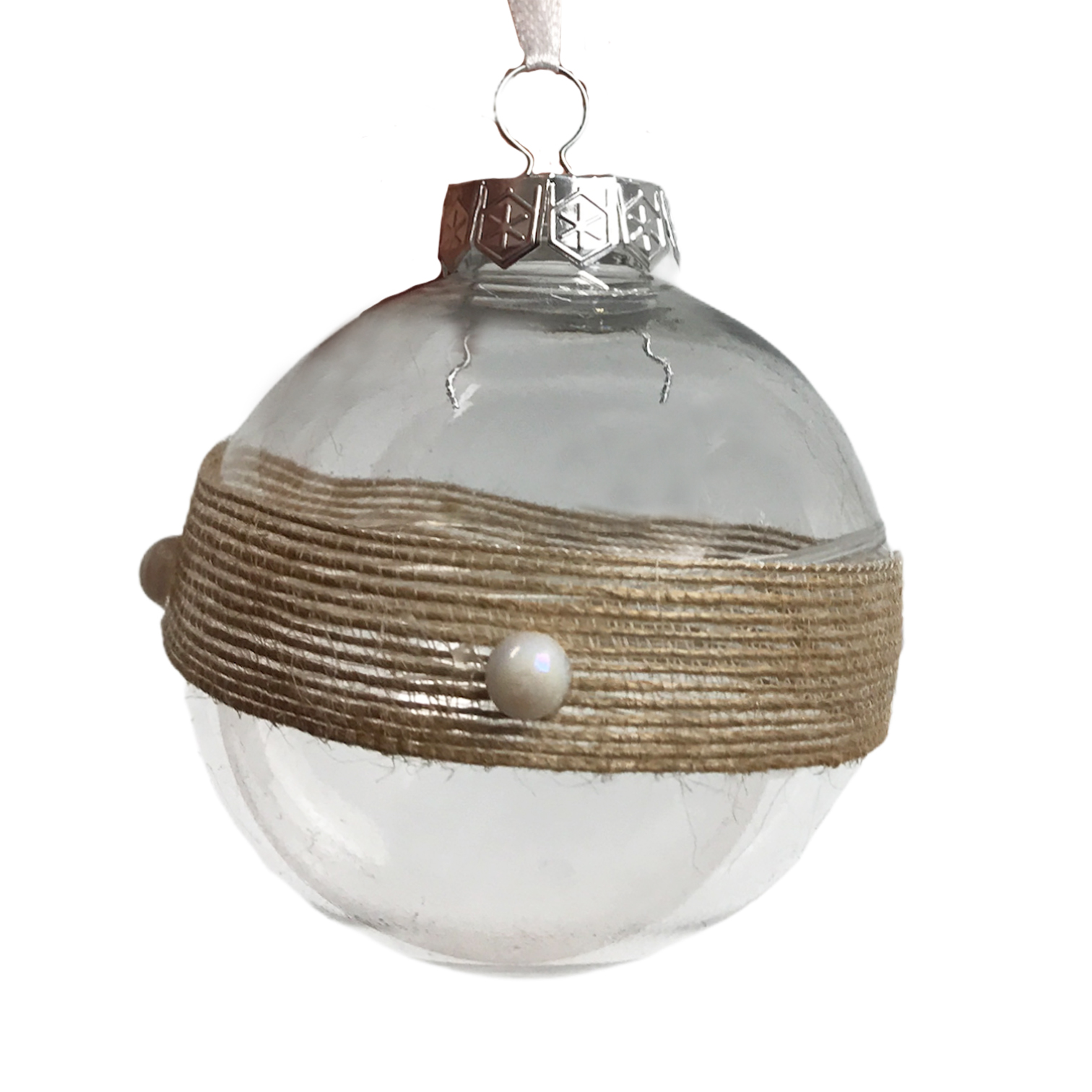 Χριστουγεννιάτικη Μπάλα Διάφανη Λινάτσα Κορδέλα Πέρλα 8cm