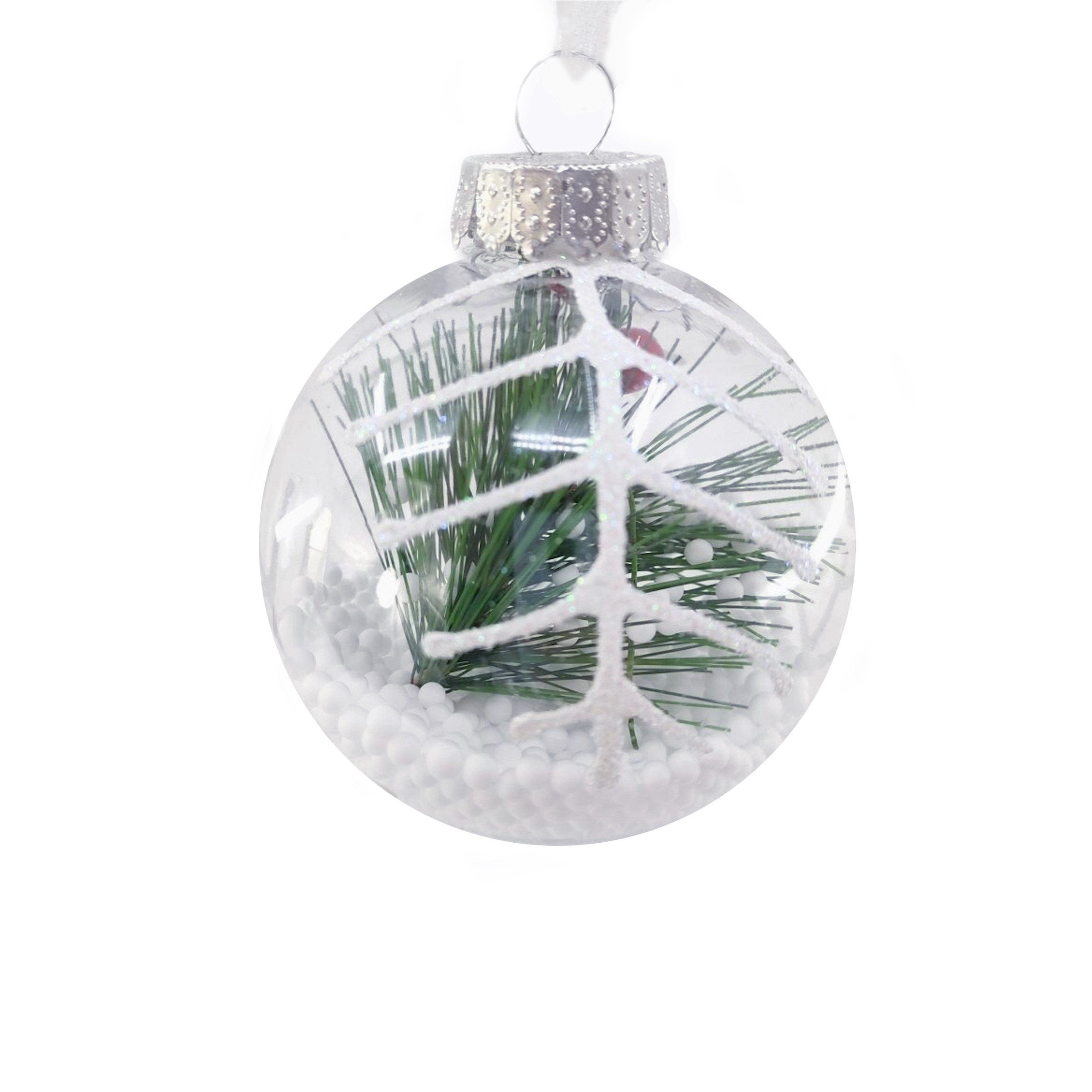 Χριστουγεννιάτικο Στολίδι Δέντρου Μπάλα Διαφανής Χιόνι Φύλλο Πεύκου 8 cm