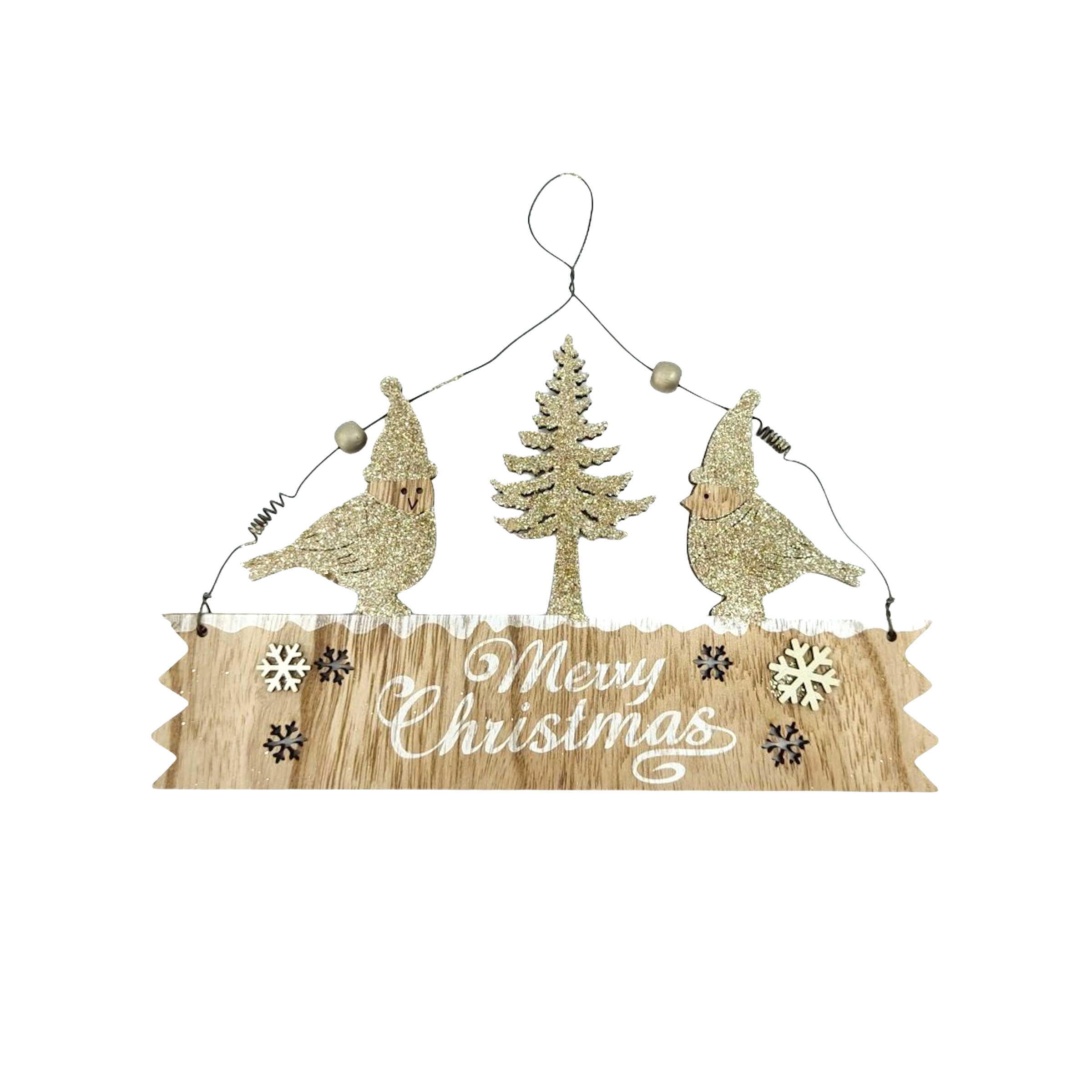 Χριστουγεννιάτικη Κρεμαστή Ταμπέλα Merry Christmas Πουλάκια Χρυσό Glitter 19x22,5x0,5cm