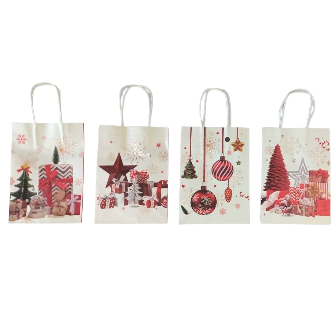 Χριστουγεννιάτικη Τσάντα Δώρου Kraft Λευκή Δώρα-Στολίδια 4 Σχέδια 26x12x33cm