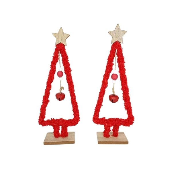 Χριστουγεννιάτικο Διακοσμητικό Επιτραπέζιο Δεντράκι Κόκκινο, Με Κουδούνι, Ξύλινο Αστέρι & Βάση 11x5x28cm