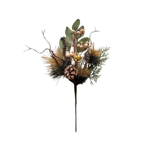 Χριστουγεννιάτικο Διακοσμητικό Κλαδί Πεύκο Με Κουκουνάρι, Φύλλα & Χρυσή Μπάλα 40cm