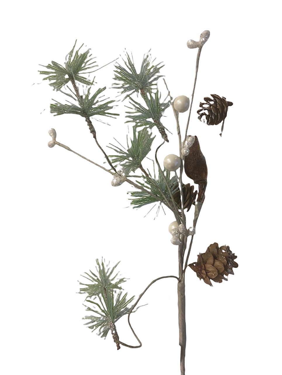Χριστουγεννιάτικο Διακοσμητικό Κλαδί Πράσινο Glitter Κουκουνάρια Λευκοί Καρποί 30cm