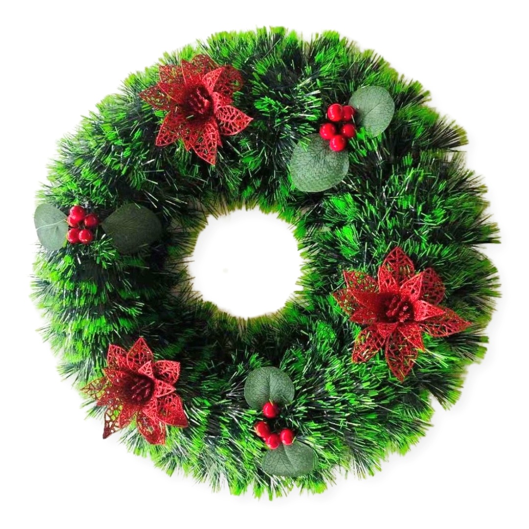 Χριστουγεννιάτικο Διακοσμητικό Στεφάνι Πράσινο Αλεξανδρινά Κόκκινα Λουλούδια 38cm