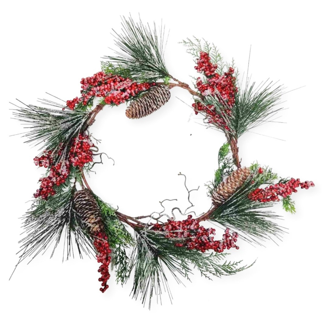 Χριστουγεννιάτικο Διακοσμητικό Στεφάνι Πράσινο Berries Κουκουνάρια Μεγάλα Χιονισμένο 55cm