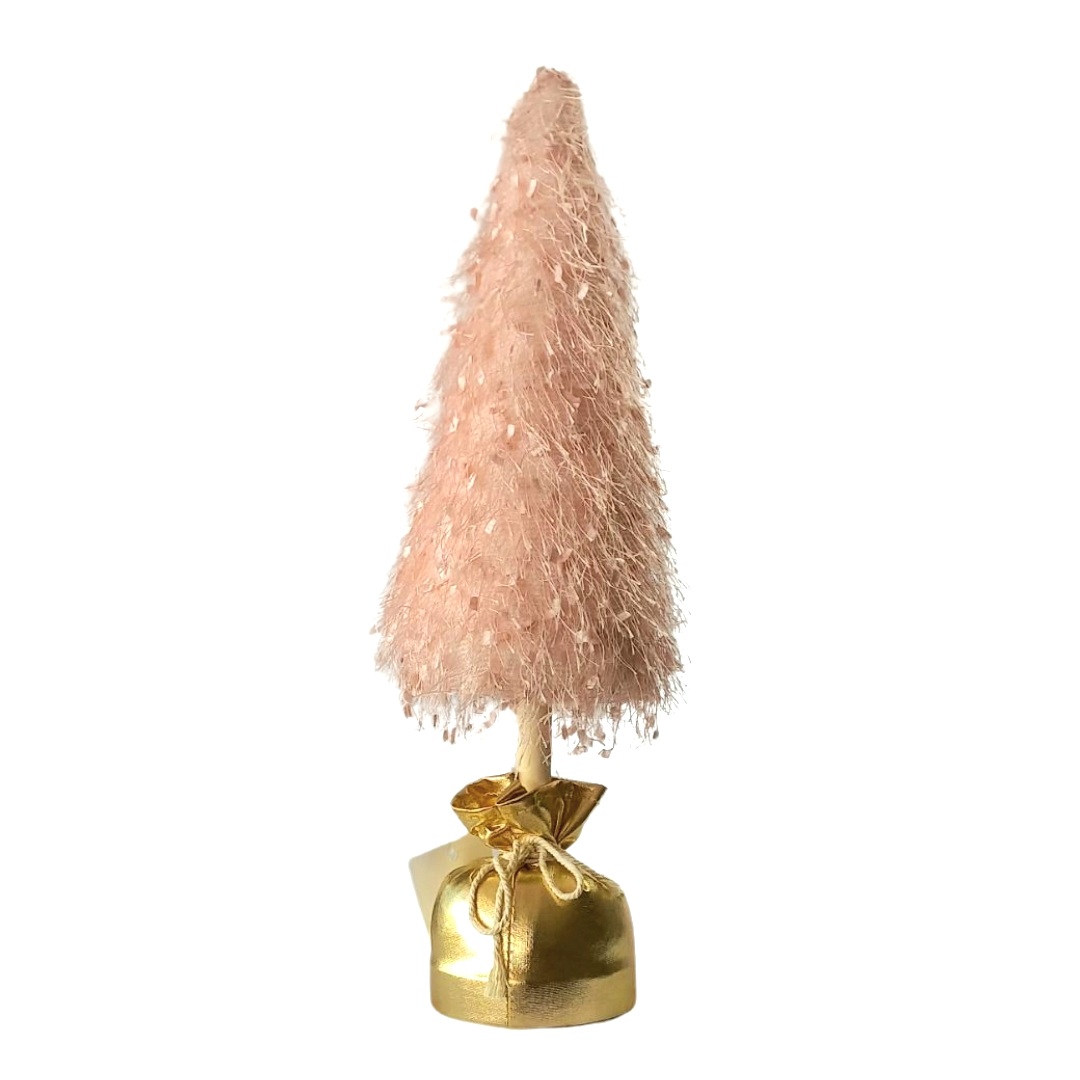 Χριστουγεννιάτικο Επιτραπέζιο Δεντράκι Ροζ Χρυσό Φως Βάση Τσουβαλάκι 8x8x32cm