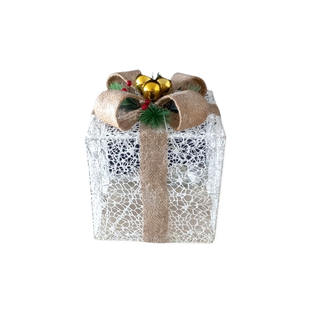 Χριστουγεννιάτικο Φωτιζόμενο Δώρο Λευκο Καφέ Κορεδέλα Φως 25cm