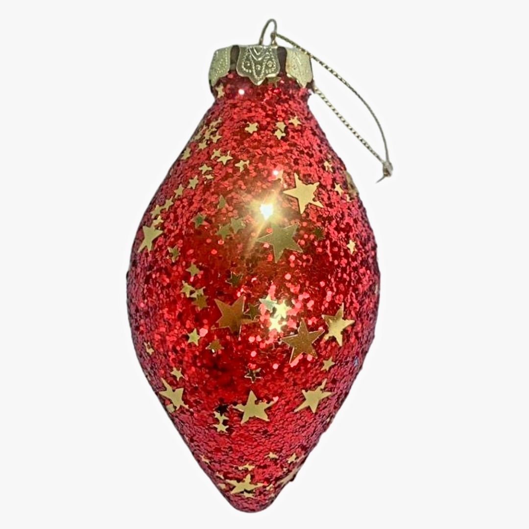 Χριστουγεννιάτικο Στολίδι Δέντρου Δάκρυ Κόκκινο Glitter Χρυσά Αστέρια 8cm