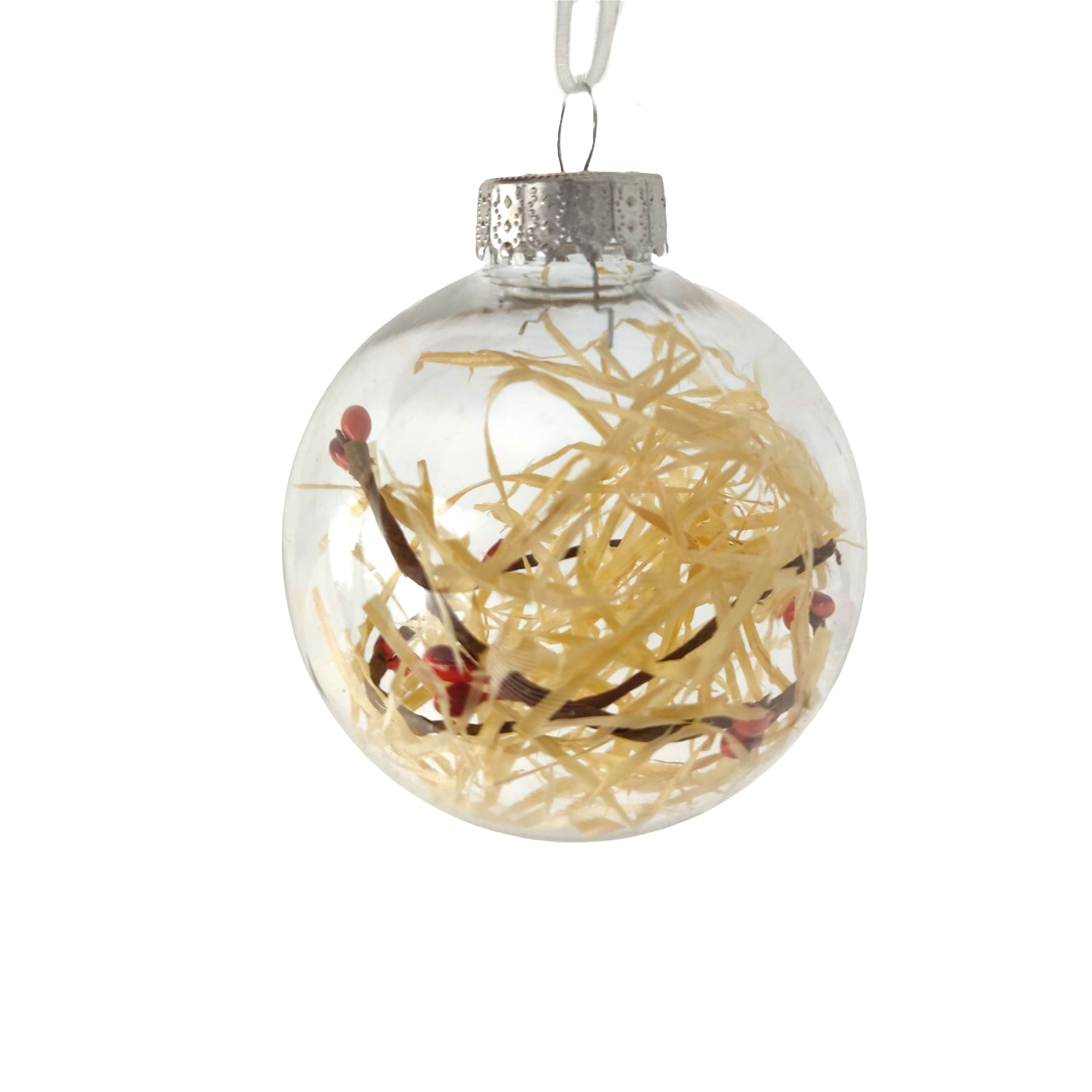 Χριστουγεννιάτικο Στολίδι Δέντρου Μπάλα Διαφανής Καλαδί Berries Φυσικό Χόρτο 8 Cm