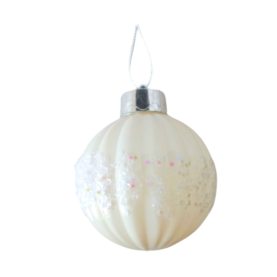 Χριστουγεννιάτικό Στολίδι Δέντρου Μπάλα Λευκό Ρίγες Ιριδίζουσες Πούλιες 8cm