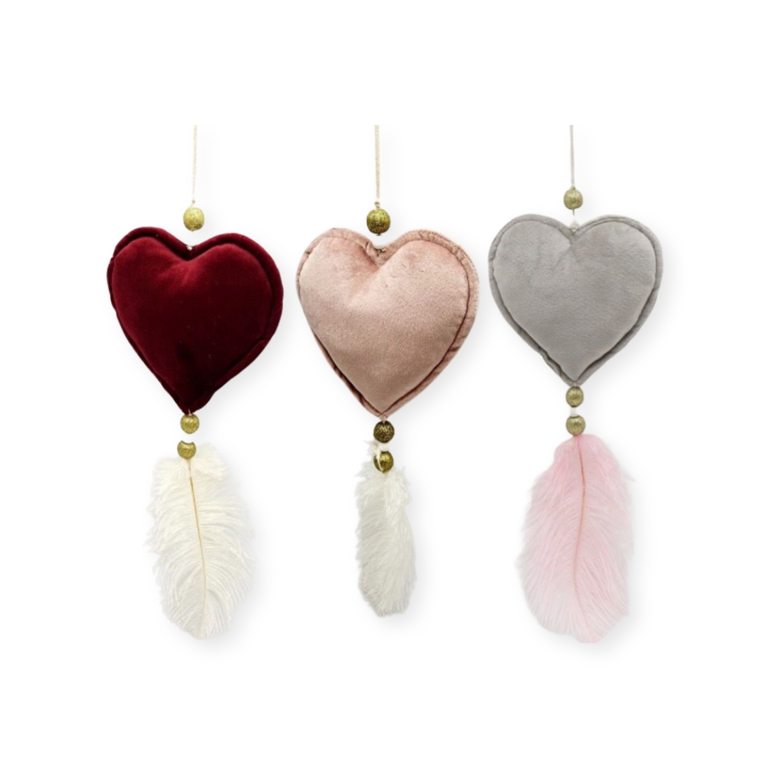 Χριστουγεννιάτικο Στολίδι Δέντρου Βελούδινο Καρδιά Πούπουλο 3 Χρώματα 15x40x3,5cm