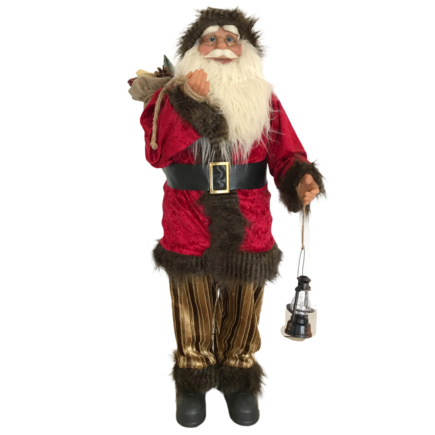 Χριστουγεννιάτικος Αληθοφανής Άη Βασίλης Ριγέ Καφέ Παντελόνι Φανάρι 91cm