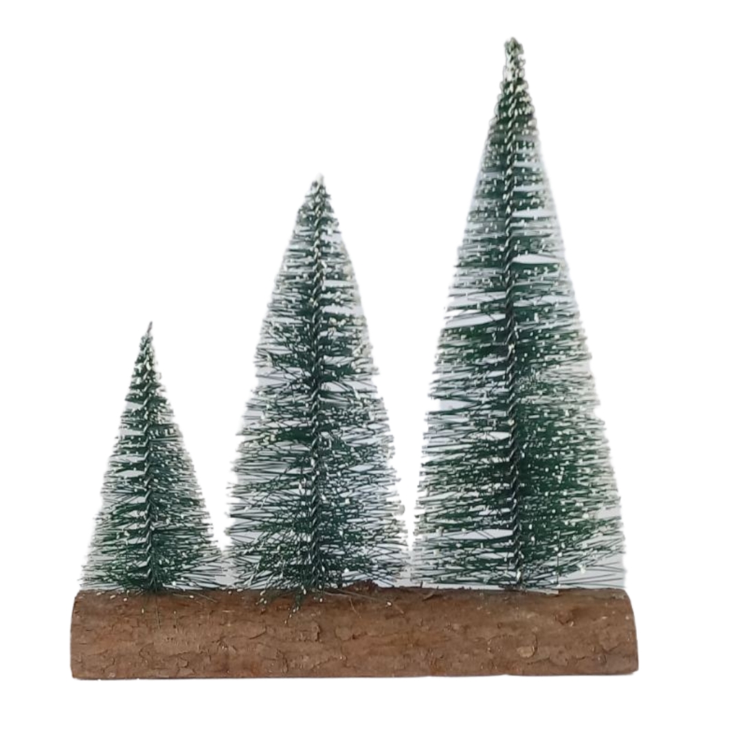 Χριστουγεννιάτικο Διακοσμητικό 3 Δεντράκια Πράσινα Χιονισμένα Ξύλινη Βάση 20x22cm