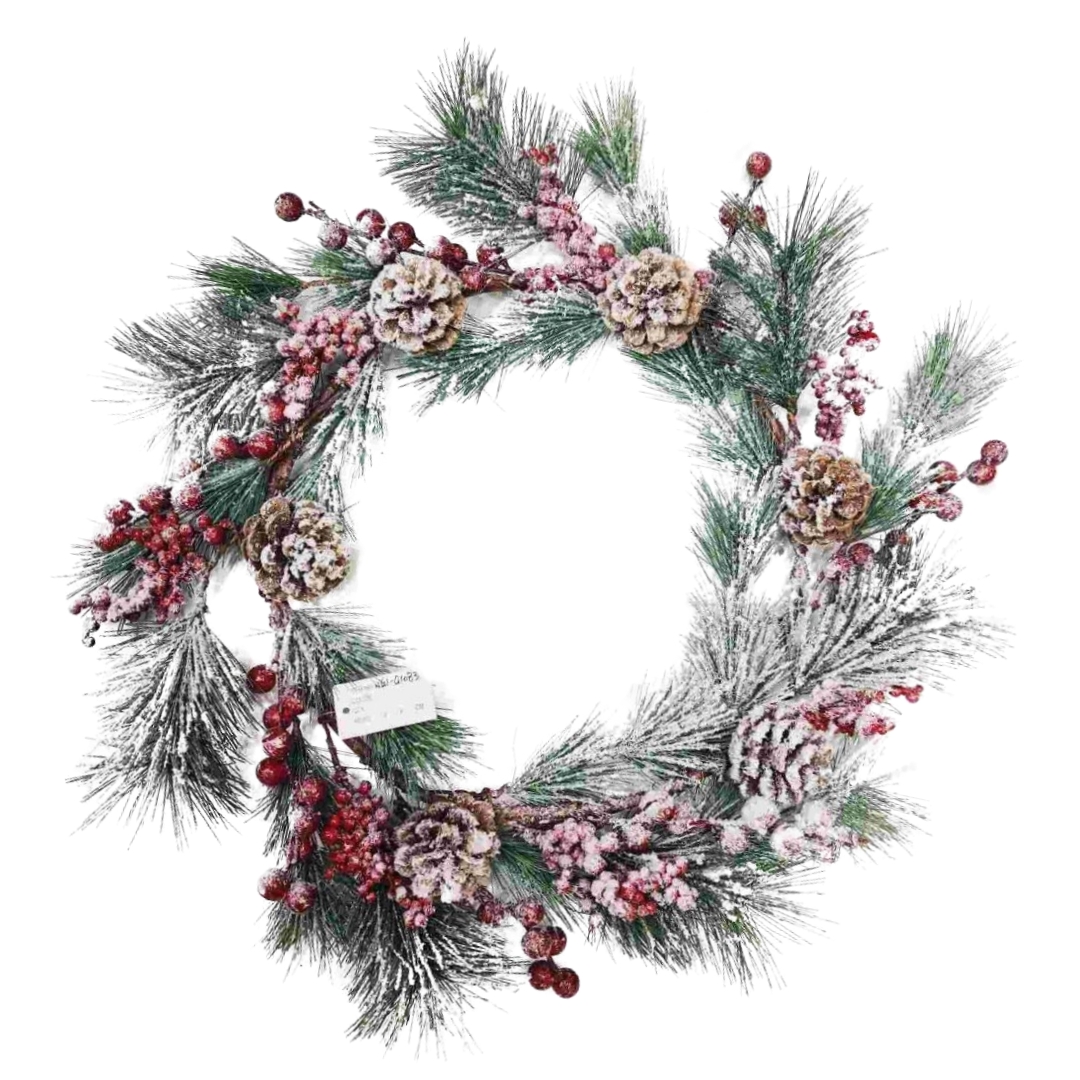 ΧΡΣ Διακοσμητικό Στεφάνι Πράσινο Berries Κουκουνάρια Χιονισμένο 48m