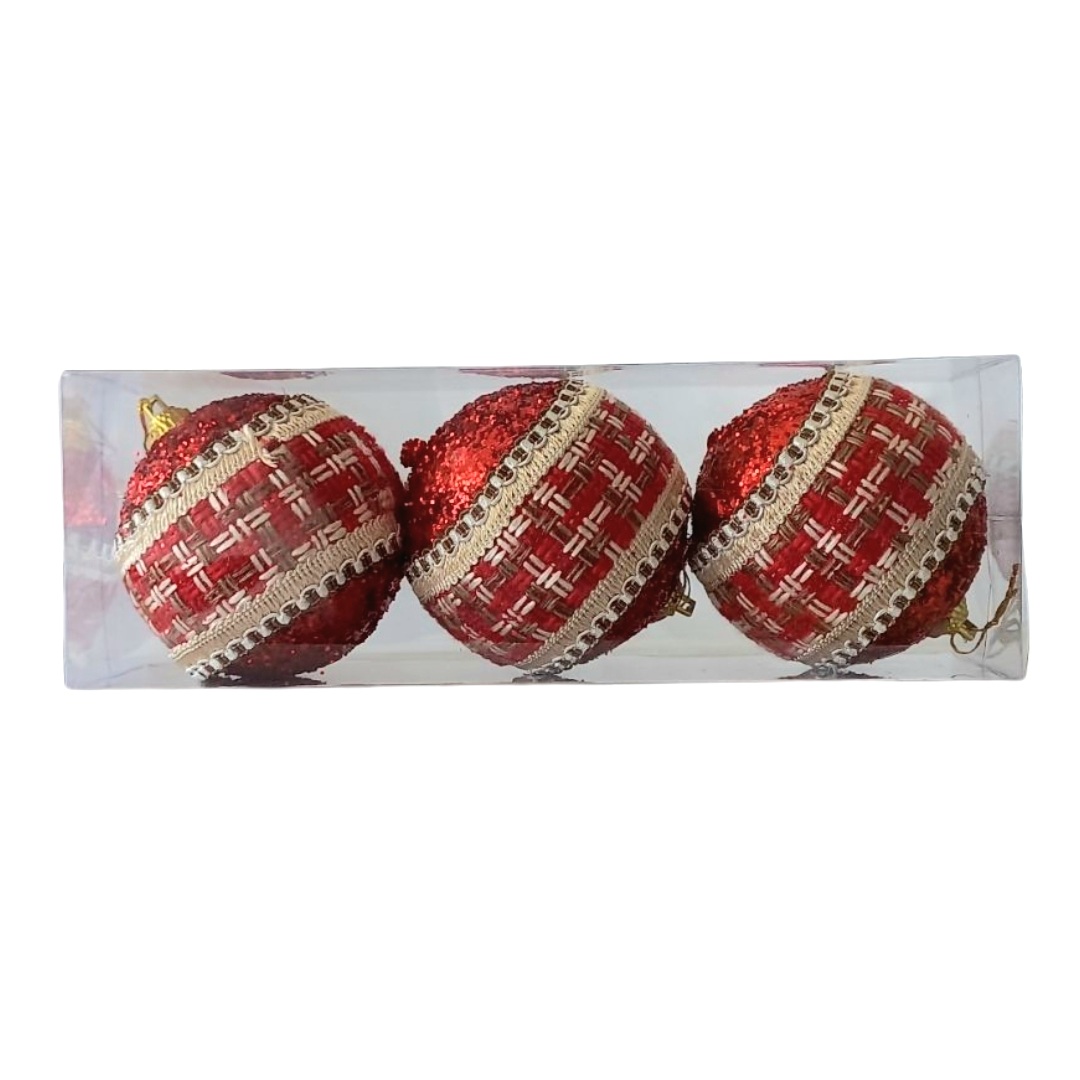 Χριστουγεννιάτικες Μπάλες Σετ  Κόκκινες Καρό Κορδέλα Glitter 8cm 3τμχ